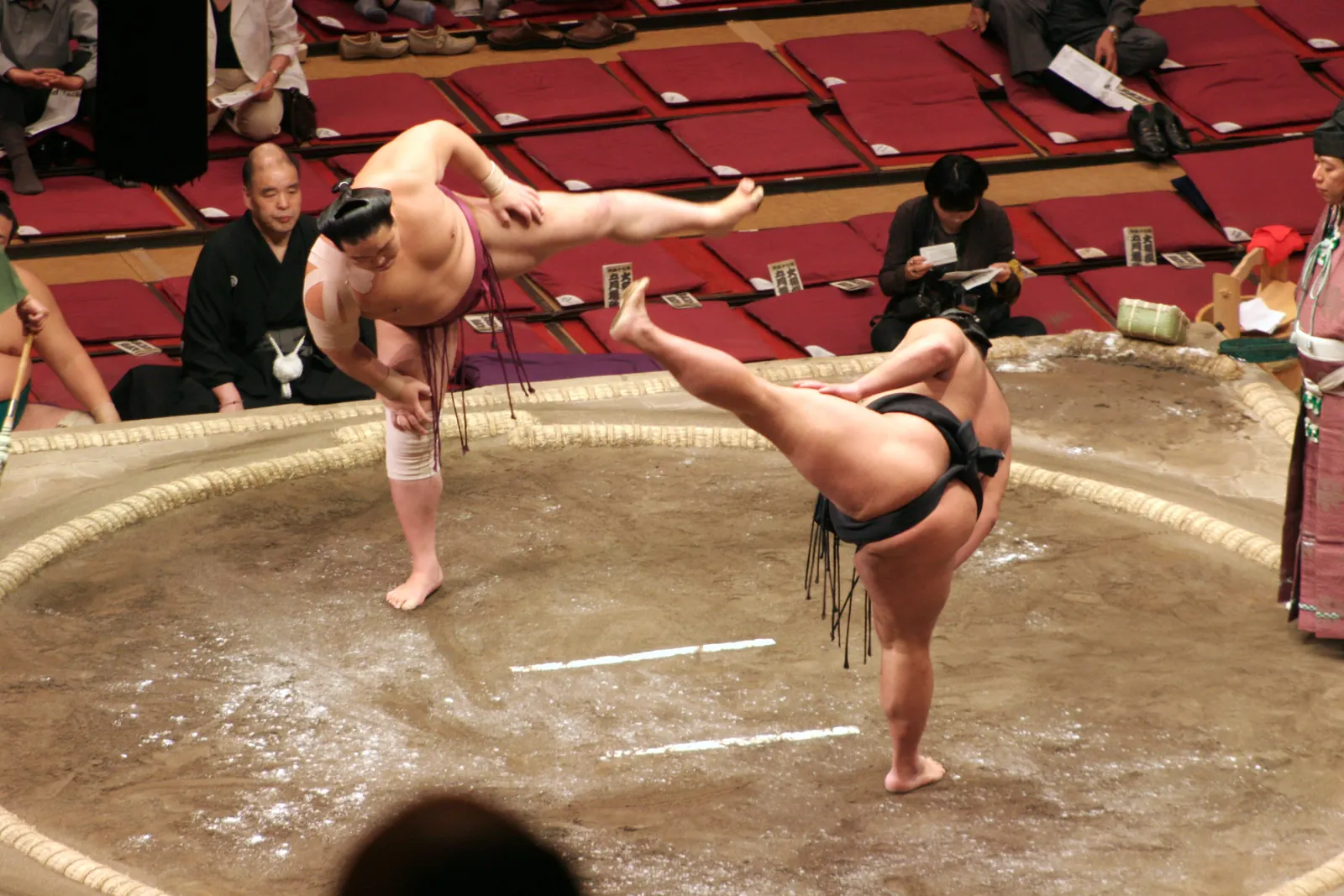 Two sumo wrestlers each balanced on one leg with the other raised, in a ring in front of red seats